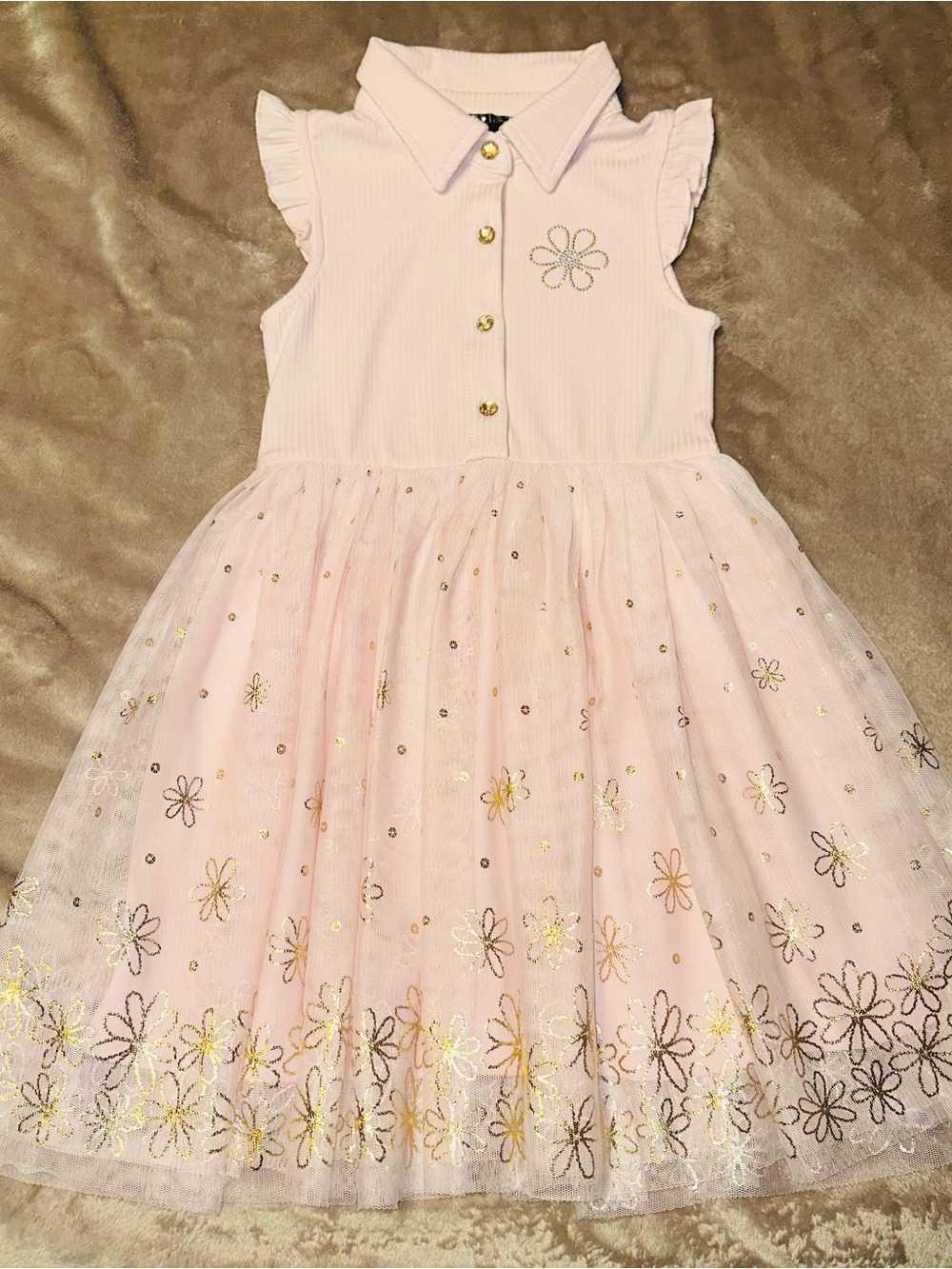 Girls' Pink Floral Tulle Dress with Collared Bodice